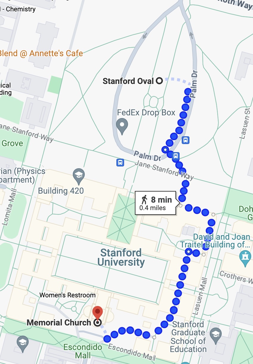 Stanford Oval to Memorial Church.