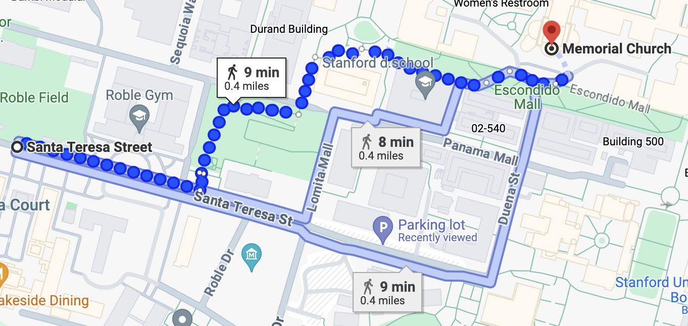 Santa Teresa Street to Memorial Church.