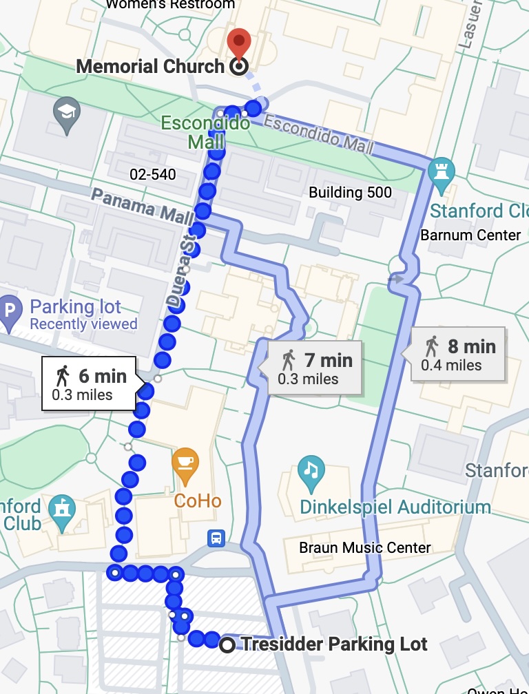 Tressider Parking Lot to Memorial Church.